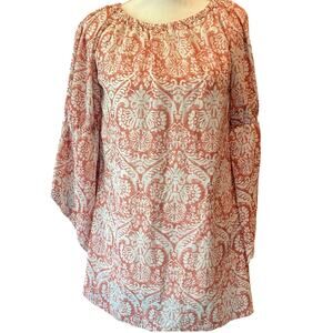 Salmon color print Blouse Size Small Bell Sleeve Flowy Boho Cottagecore